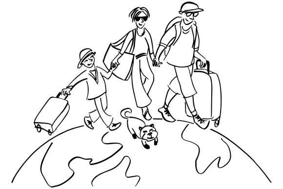 A hand drawn illustration of a family holding hands, walking with suitcases on as global along with a cat.