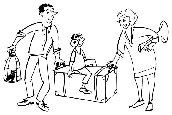 A hand drawn illustration of a family of 3 with a young boy sat on a suitcase and a father holding a bird cage.