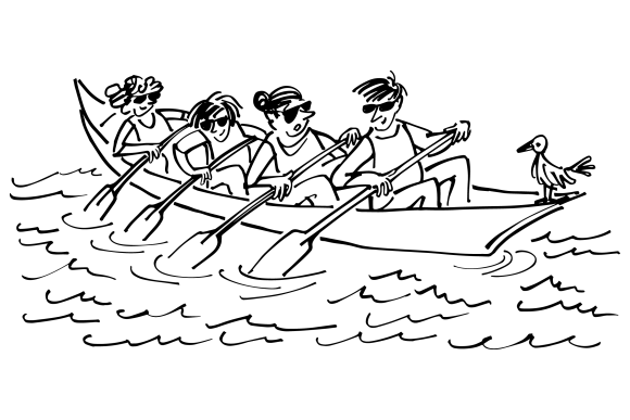 A group of teenagers rowing a boat