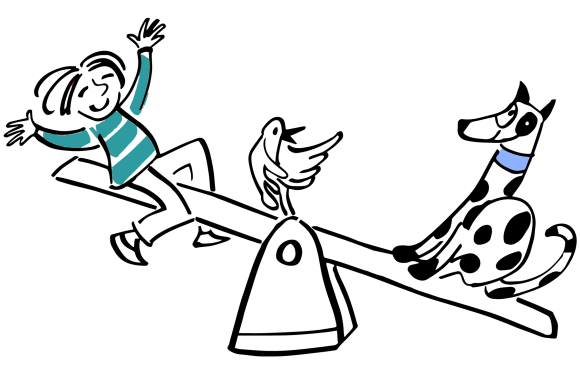 A child and dog on a seesaw