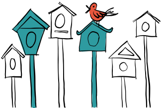 A bird sitting on a bird house surrounded by other houses