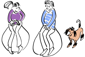 Two children on spacehoppers with a dog