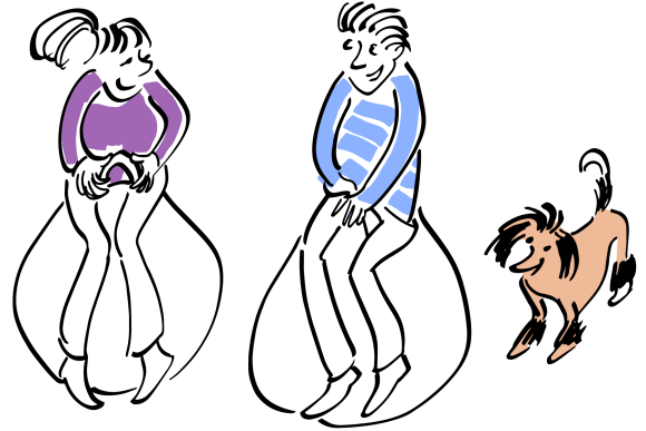 Two children on spacehoppers with a dog