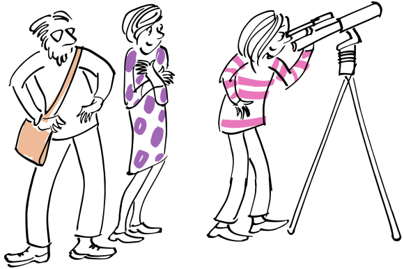 A parent and consultant looking through a telescope