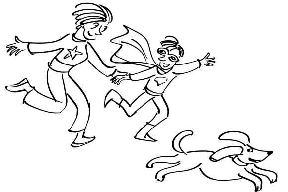 A mother and child in superhero costumes with a dog