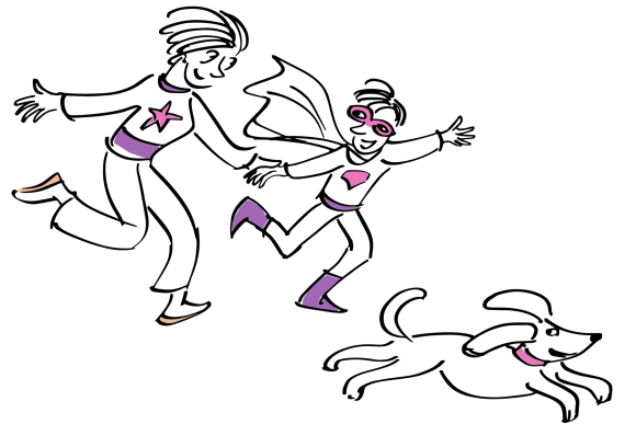 A mother and child in superhero costumes with a dog