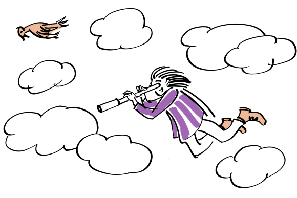 A parent flying with a telescope looking down