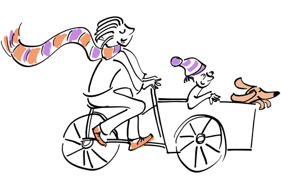 A parent and child on a bike with a dog