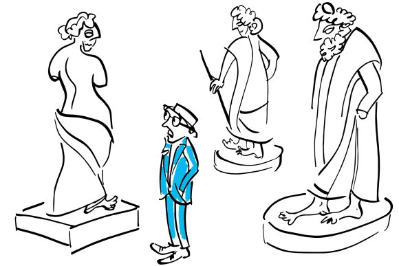 A teenager in an art gallery looking at statues