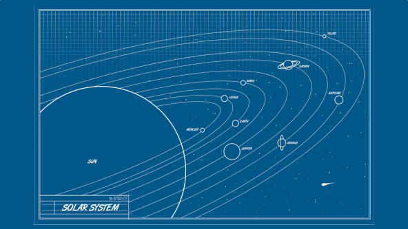 A blueprint map of the solar system and planets orbiting the sun.