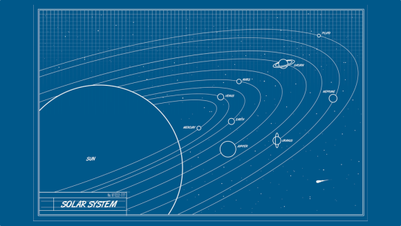 A blueprint map of the solar system and planets orbiting the sun.