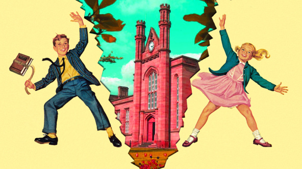A composite image showing 1950s-style illustrated boy and girl siblings being torn apart by a high-colour school building