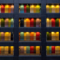 Image of brightly colour apartment doors with balcony in Tokyo, Japan