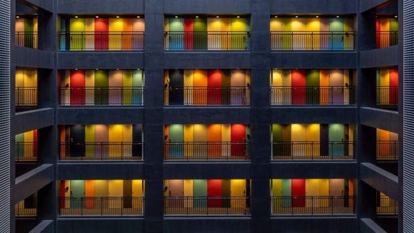 Image of brightly colour apartment doors with balcony in Tokyo, Japan