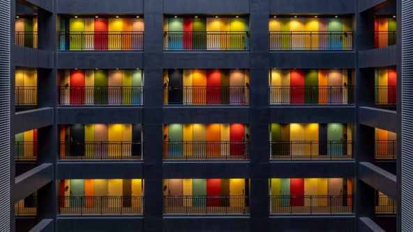 Image of brightly colour apartment doors with balcony in Tokyo, Japan