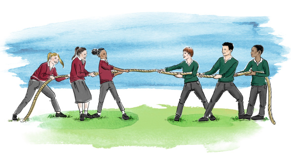 A hand drawn illustration of school girls in red jumpers and boys in green jumpers playing tug of war