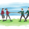 A hand drawn illustration of school girls in red jumpers and boys in green jumpers playing tug of war