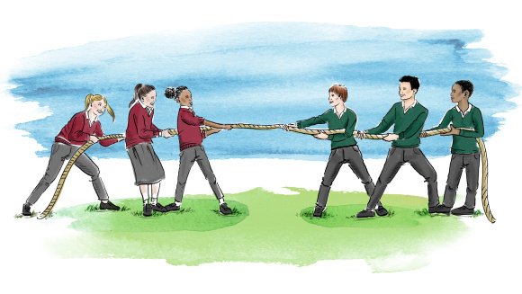 A hand drawn illustration of school girls in red jumpers and boys in green jumpers playing tug of war