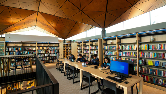 Pupils working in the library at St Mary's Calne, in a view that also shows the geodesic panels of the wooden canopy which spans the entire libary.