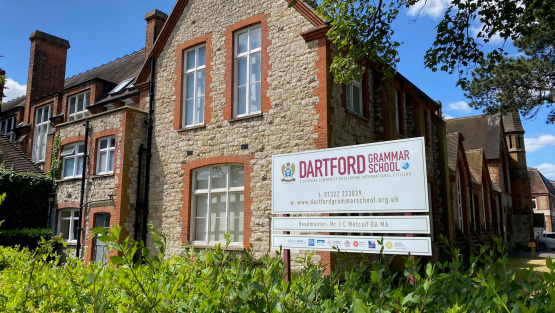 Dartford Grammar School with school sign in the foreground
