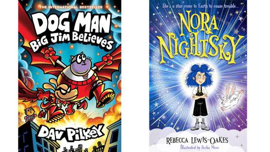 An image showing covers of the two books - Dog Man Big Jim Believes and Nora Nightsky
