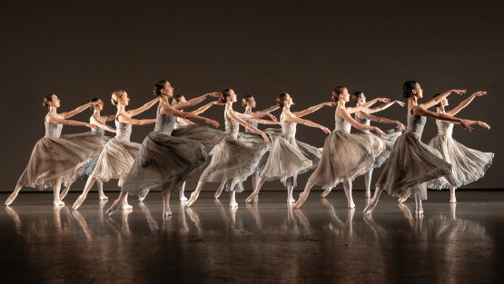 Female ballet dances perform as an ensemble routine as part of Elmhurst Ballet School's summer show