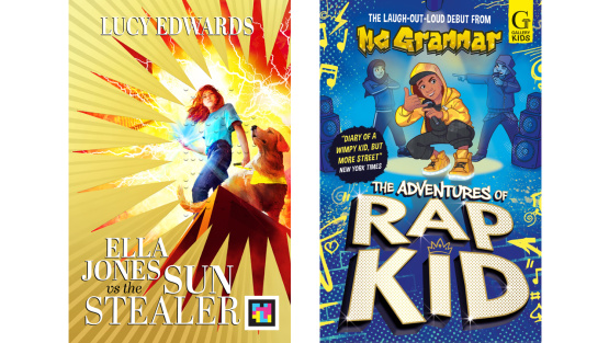 Showing the front covers of 'Ella Jones vs the Sun Stealer' by Lucy Edwards and 'The Adventures of Rap Kid' by MC Grammar