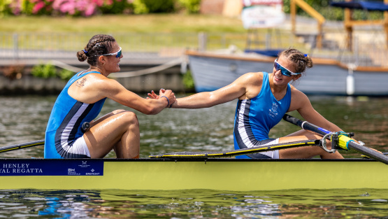 A close up of two rowers celebrating in Headington's victorious 1st VIII boat