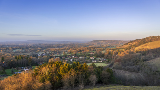 Bright wintry morning. Dawn view from Colley Hill Reigate on the Surrey Hills North Downs south east England