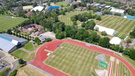 An aerial shot of Millfield School, Somerset, showing the vast school grounds and sports fields and buildings