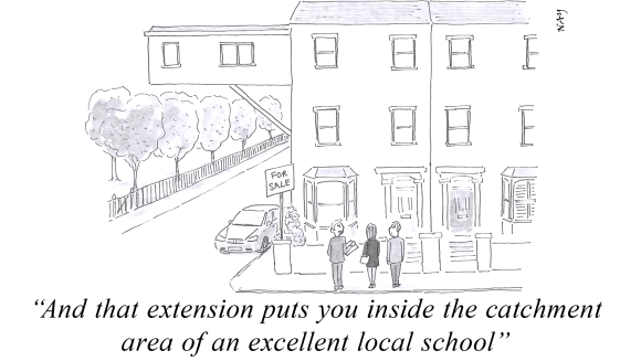 A gag cartoon by NAY should a couple with an estate agent looking at a property with a vast over-hanging upper floor extension