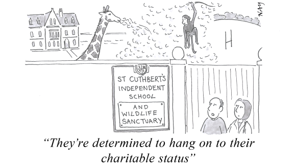 A gag cartoon by NAY - Looking over a school wall to see a giraffe and monkey. "They're determined to hang on to their charitable status"