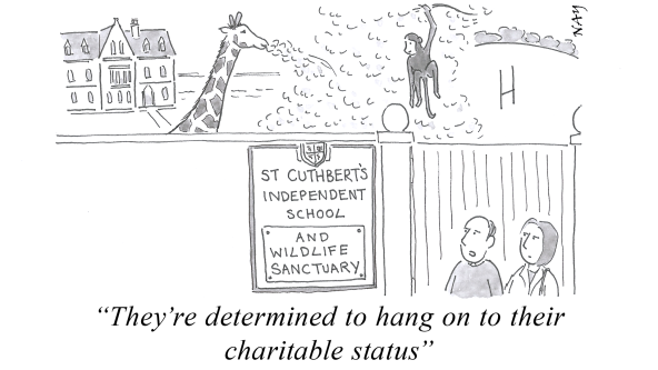 A gag cartoon by NAY - Looking over a school wall to see a giraffe and monkey. "They're determined to hang on to their charitable status"