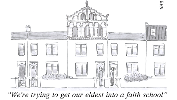 A gag cartoon by NAY showing a normal row of terraced houses but with one house having elaborate italianate ecclesiatical rooftop