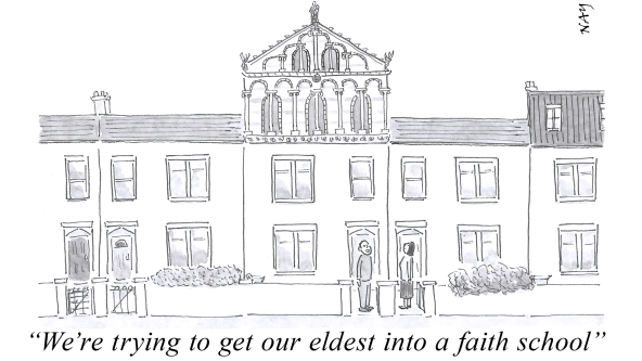 A gag cartoon by NAY showing a normal row of terraced houses but with one house having elaborate italianate ecclesiatical rooftop