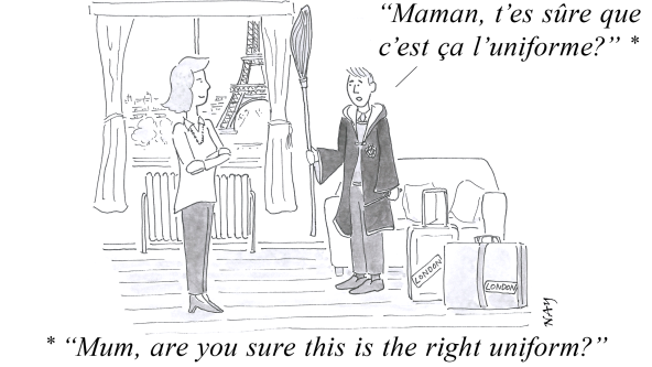 A gag cartoon by NAY showing a french boy getting ready to go to a British school in his Harry Potter-style uniform