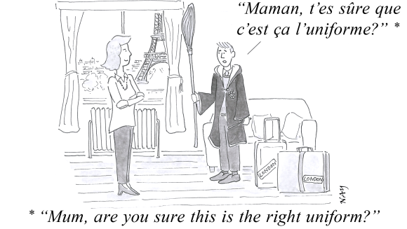 A gag cartoon by NAY showing a french boy getting ready to go to a British school in his Harry Potter-style uniform