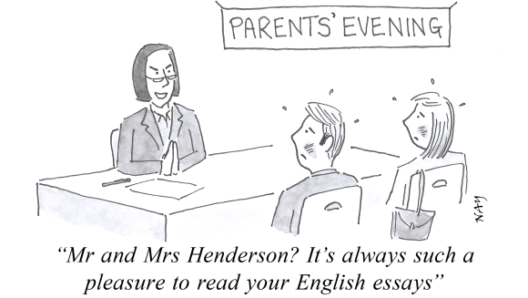 A gag cartoon by NAY illustrating a Parents' Evening