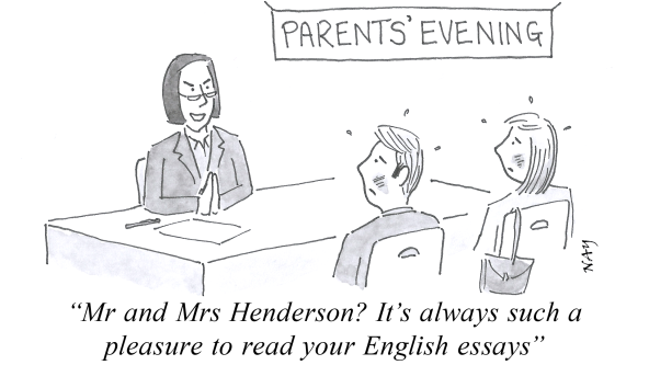 A gag cartoon by NAY illustrating a Parents' Evening