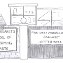 A gag cartoon by NAY showing an Ofsted quotation sign on the gate of a performing arts school