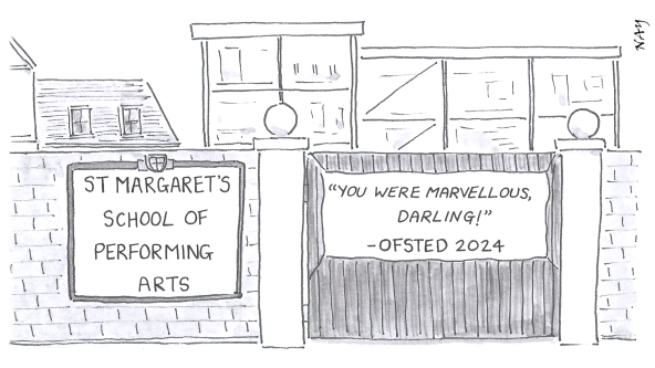 A gag cartoon by NAY showing an Ofsted quotation sign on the gate of a performing arts school