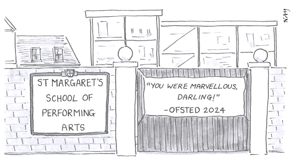 A gag cartoon by NAY showing an Ofsted quotation sign on the gate of a performing arts school